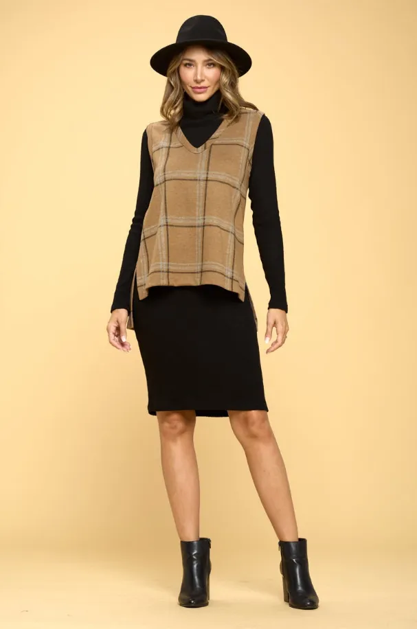 Renee C brand Plaid V neck Vest with Side Slit