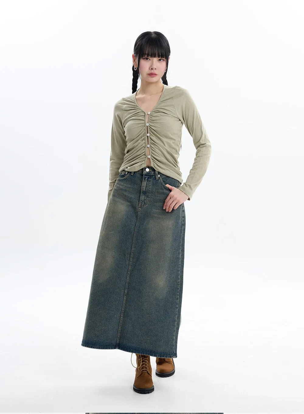 Ruched Button Crop Long Sleeve IF413