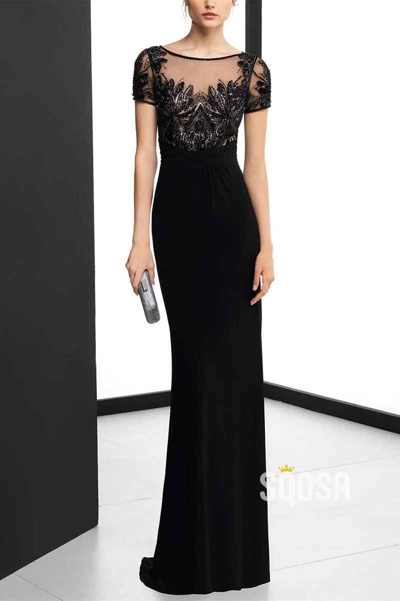 Sheath Black Applique Illusion Round Long Mother of the Bride Dress QM3258