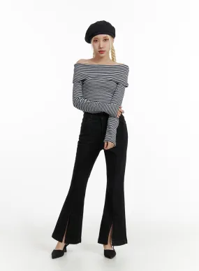 Solid Slit Flare Jeans IF408