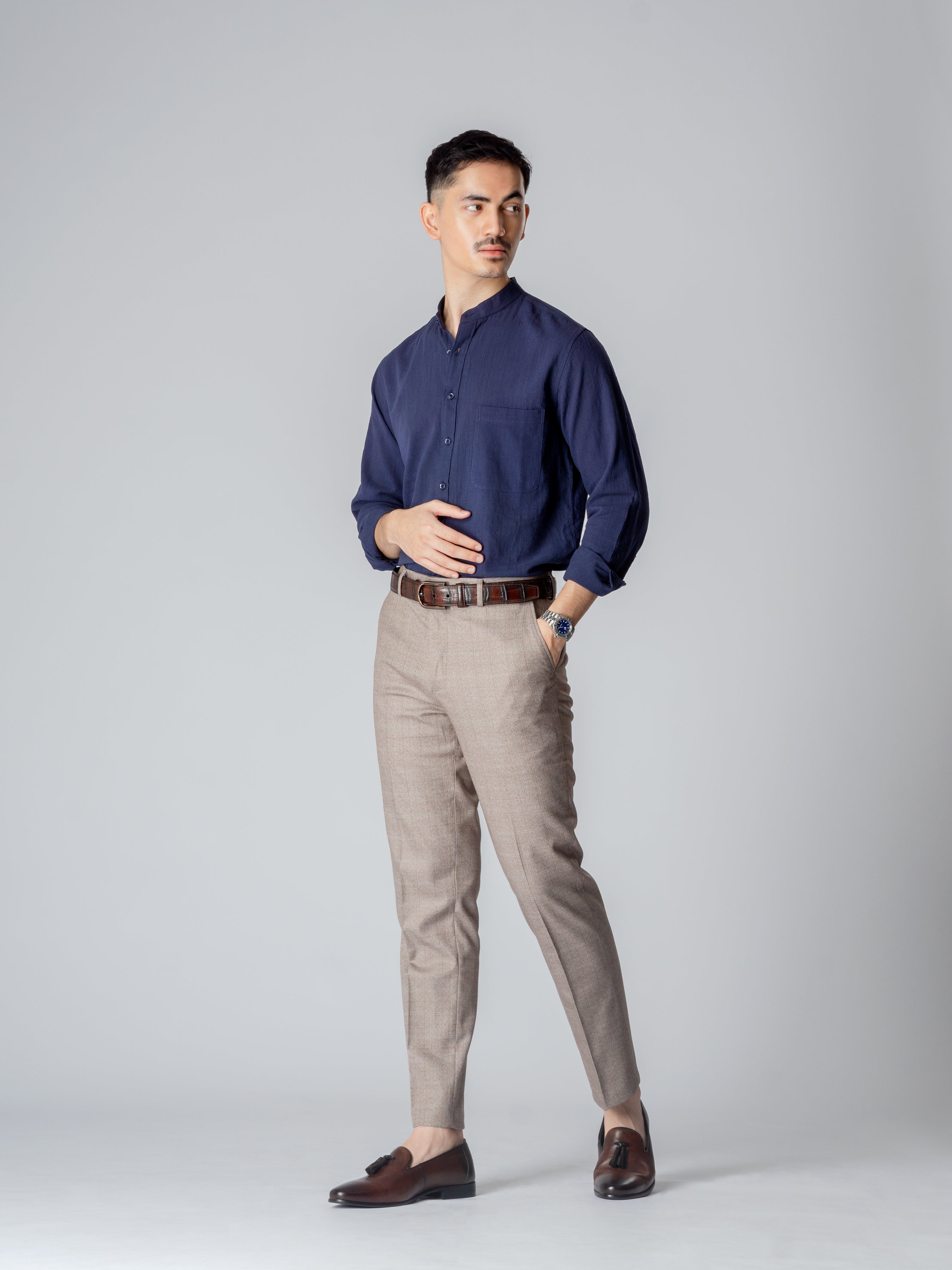 Stand Collar Shirt - Navy Blue