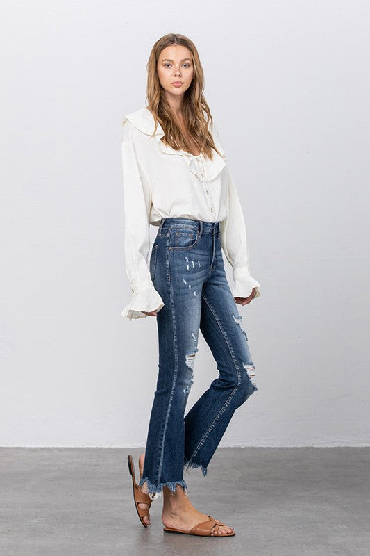 Stretch Mid Rise Crop Flare Jeans