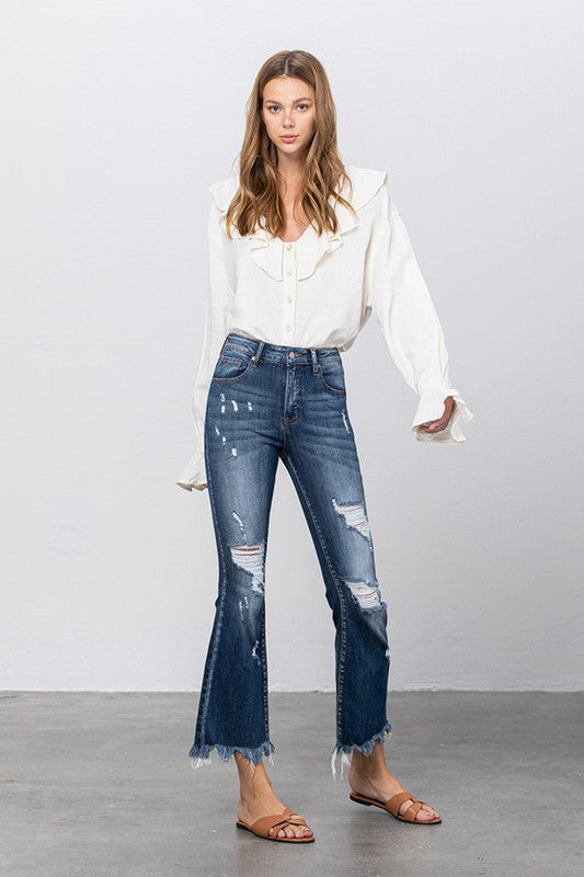 Stretch Mid Rise Crop Flare Jeans