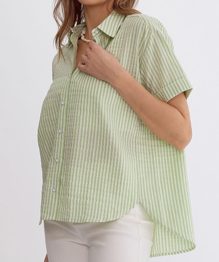 Stripe Button Down Top - Apple Green