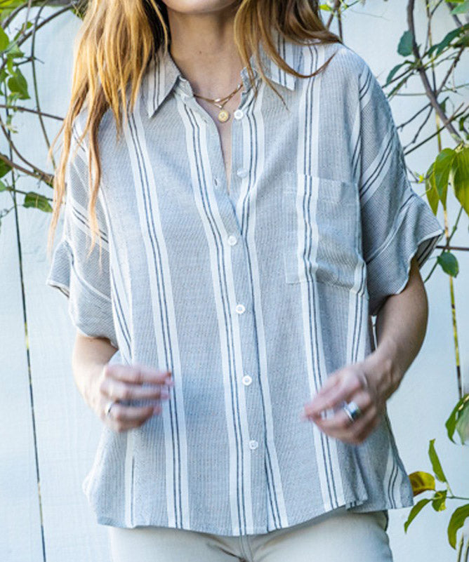 Striped Button Down Blouse - Ivory/Black