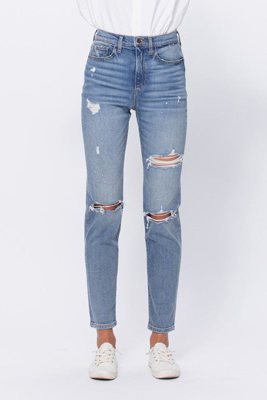 Super High Rise Distressed Ankle Mom Jean