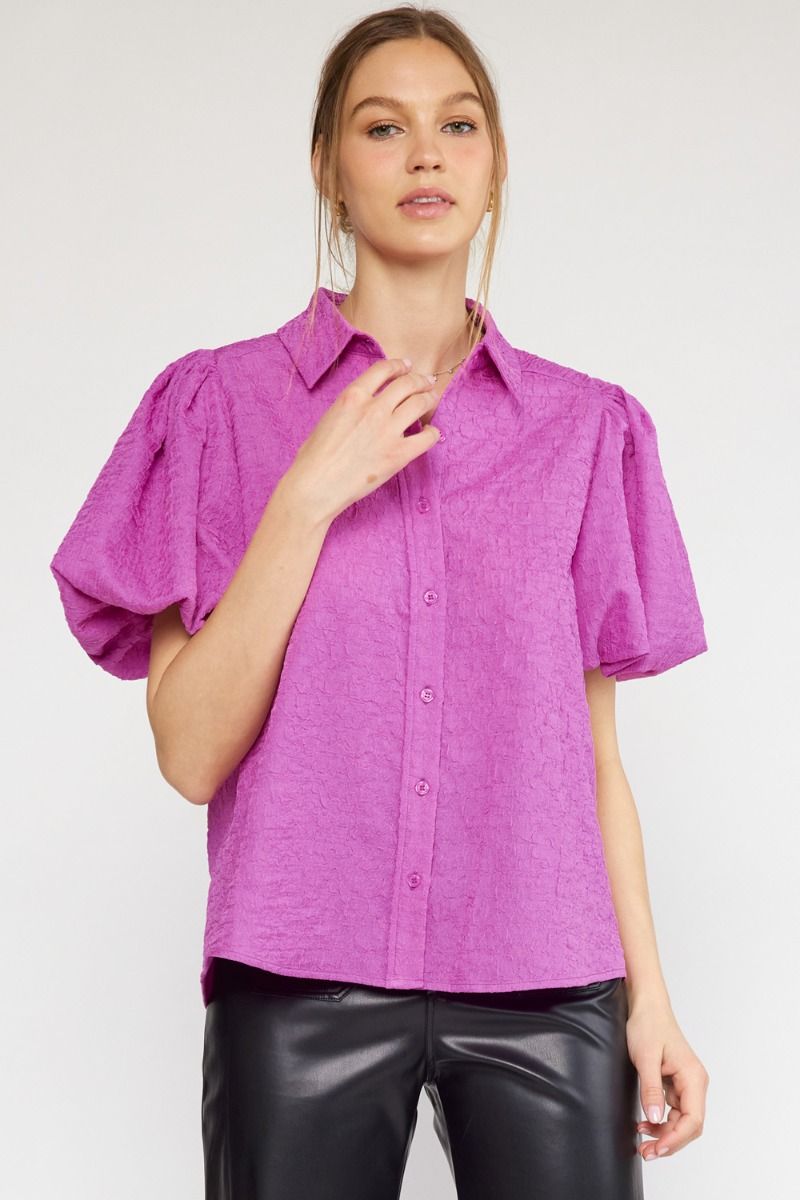 Textured Button Up Puff Sleeve Top - Orchid