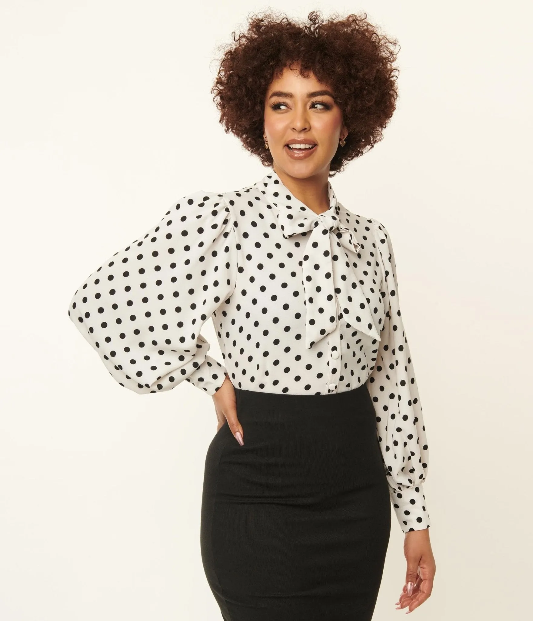 Unique Vintage 1940s White & Black Polka Dot Neck Tie Gwen Blouse