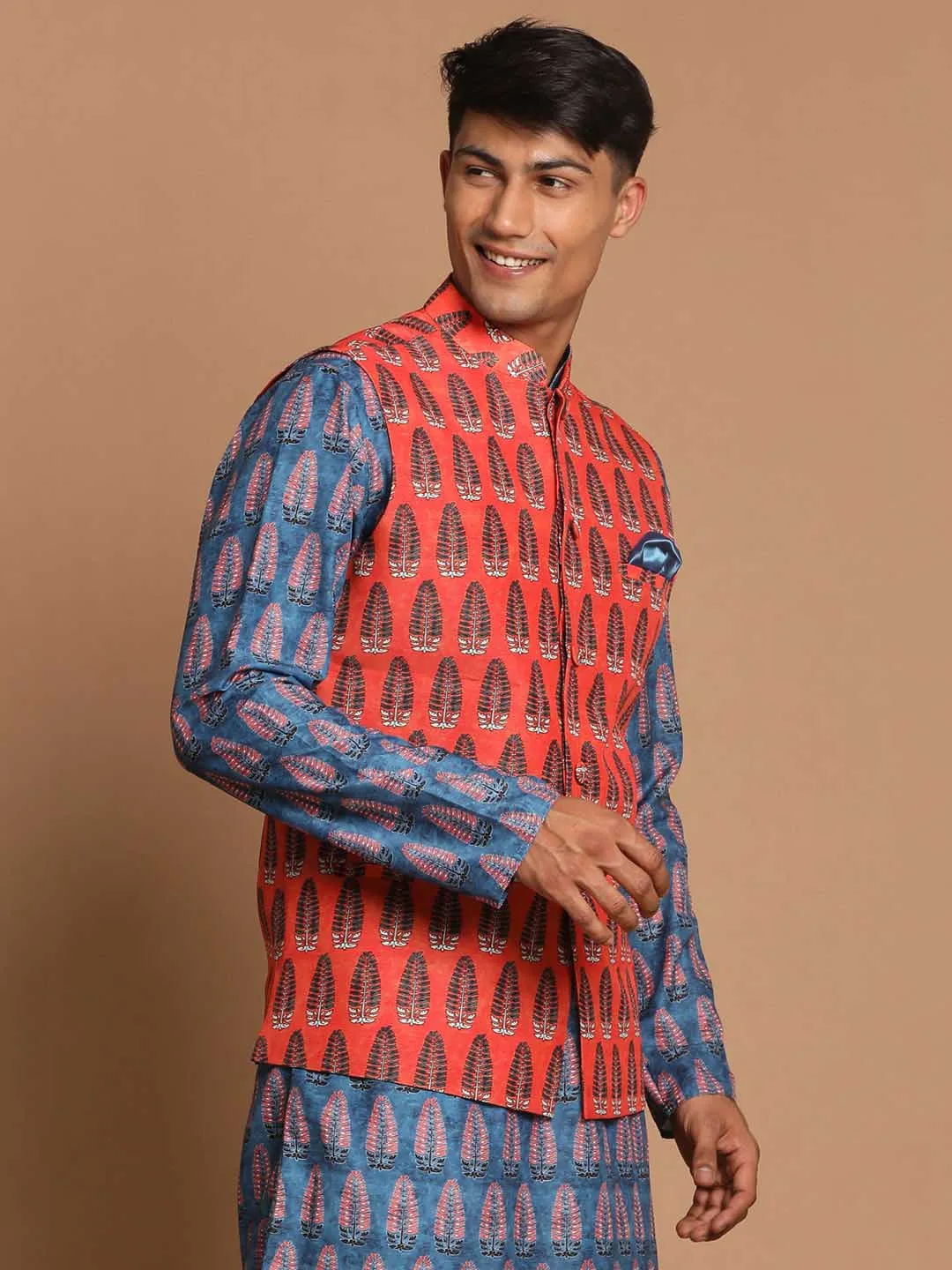 VASTRAMAY Men's Orange Printed Nehru Jacket