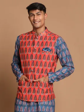 VASTRAMAY Men's Orange Printed Nehru Jacket