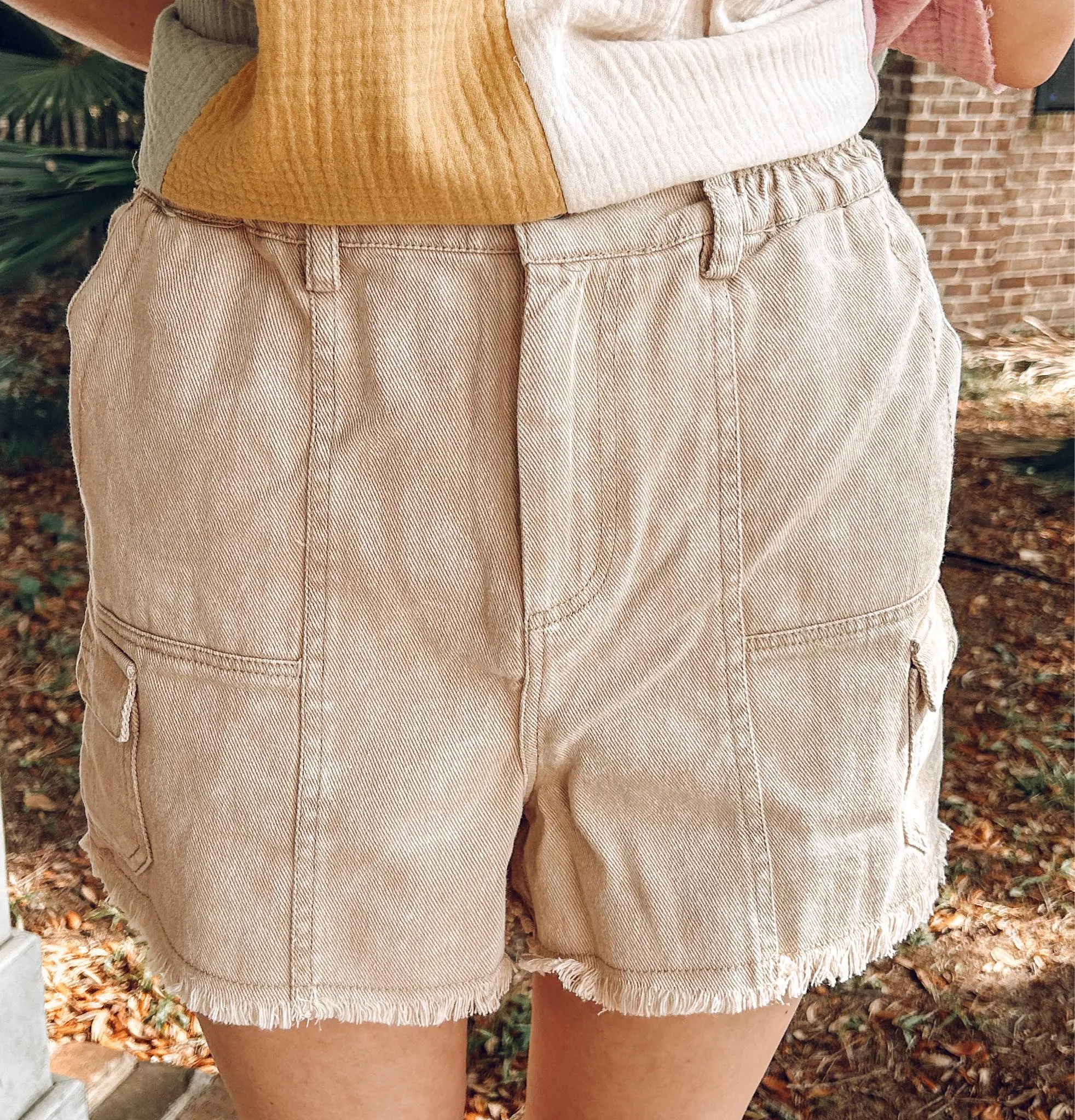 Washed Denim Cargo Shorts | Beige