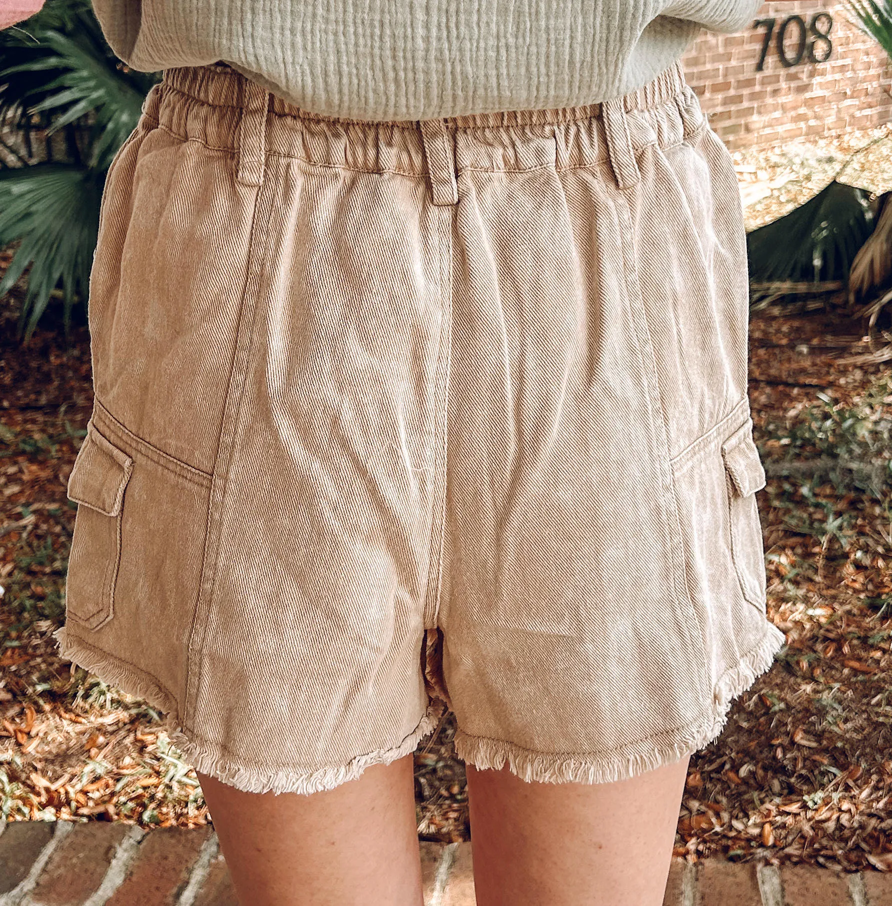 Washed Denim Cargo Shorts | Beige