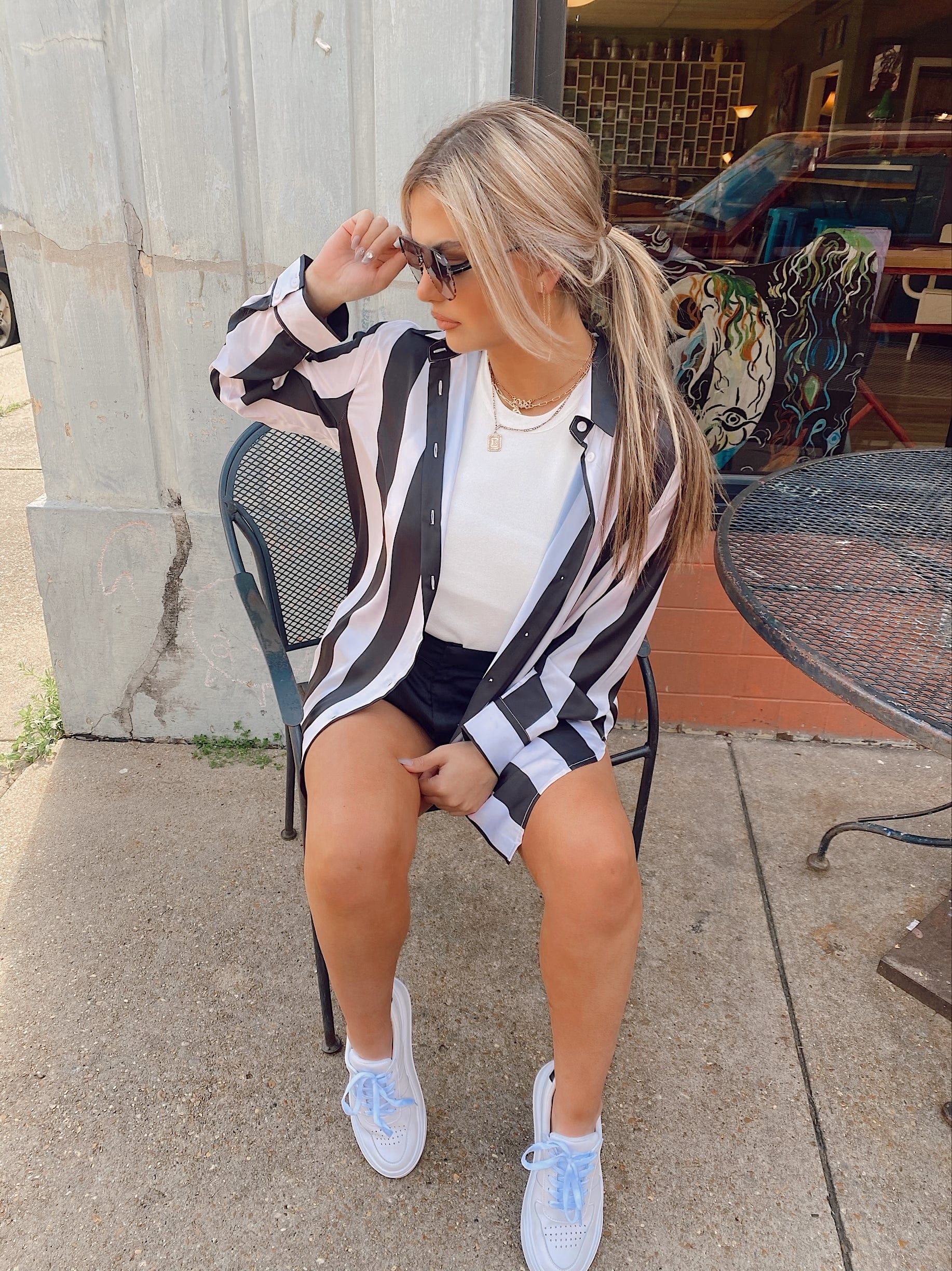 White/Black Stripe Satin Blouse