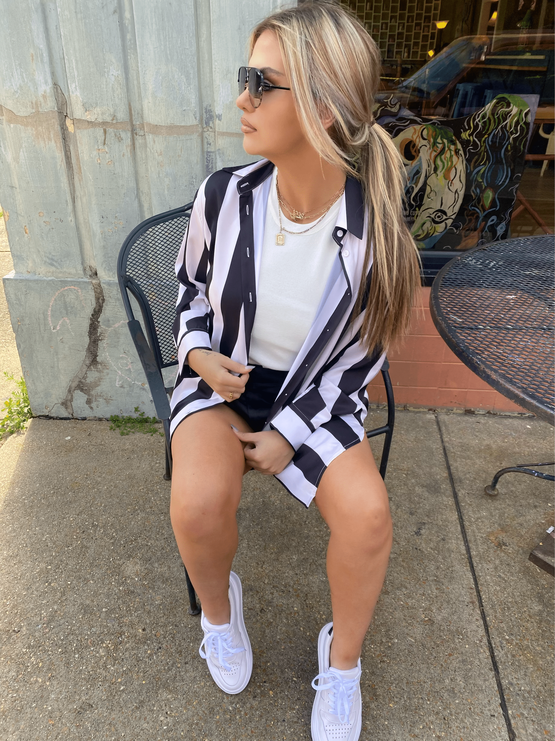 White/Black Stripe Satin Blouse