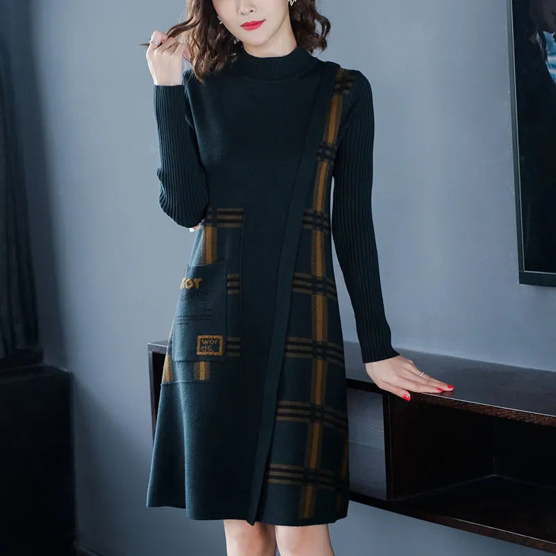 Women Sweater Fashion O-Neck Long Sleeve Length Patchwork  Bottom