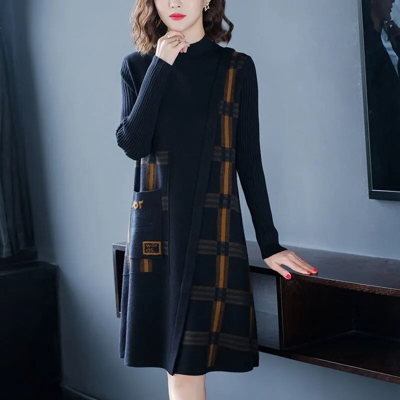 Women Sweater Fashion O-Neck Long Sleeve Length Patchwork  Bottom