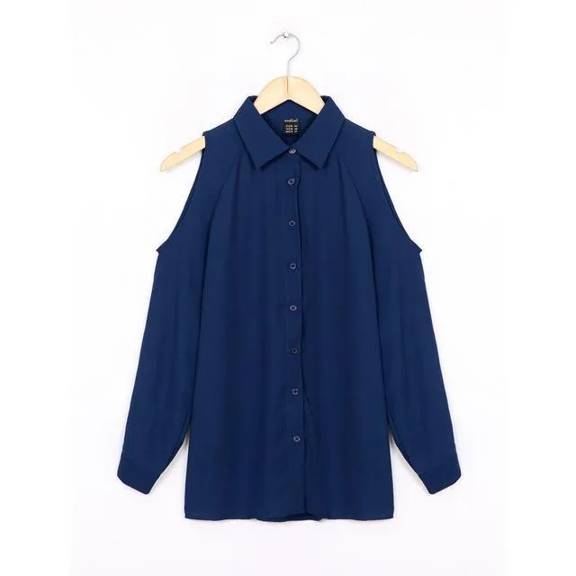 Women's Full Sleeve Off Shoulder Long Shirt with Collar and Button