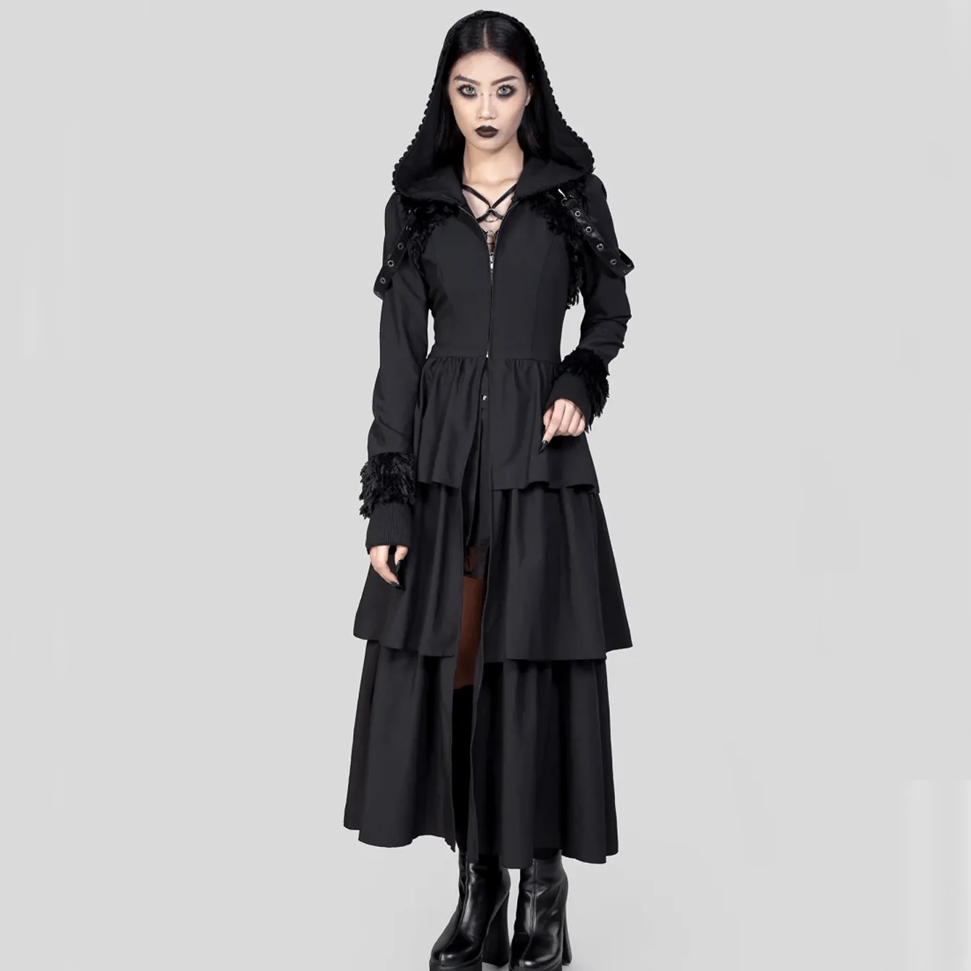 Women's Gothic Plunging Flared Sleeved Split Coat with Hood