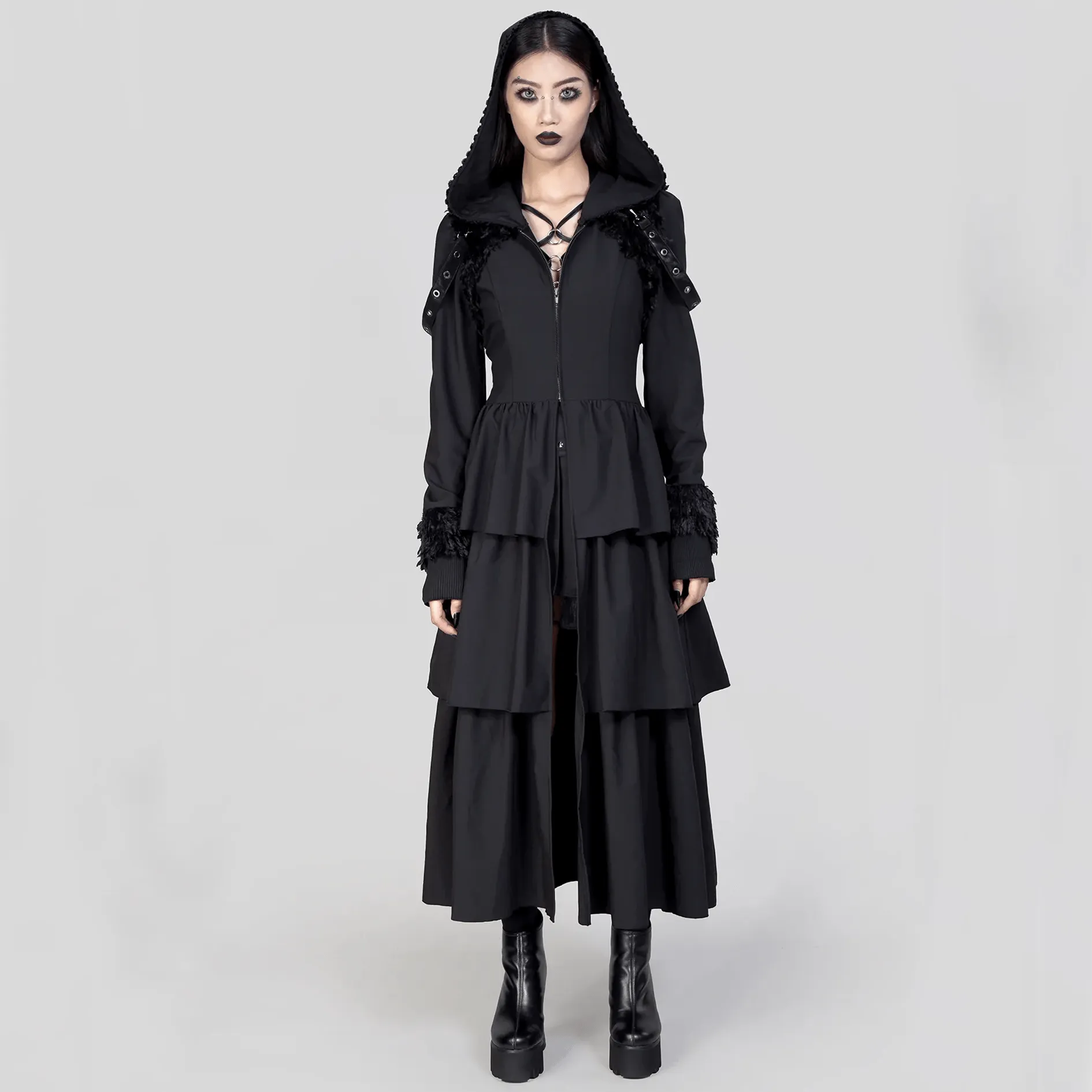 Women's Gothic Plunging Flared Sleeved Split Coat with Hood